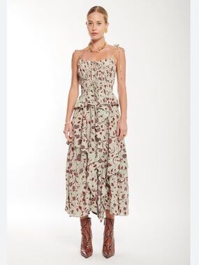 Ulla Johnson Livinia Flutter Midi Sage Green & Burgundy Red Dress